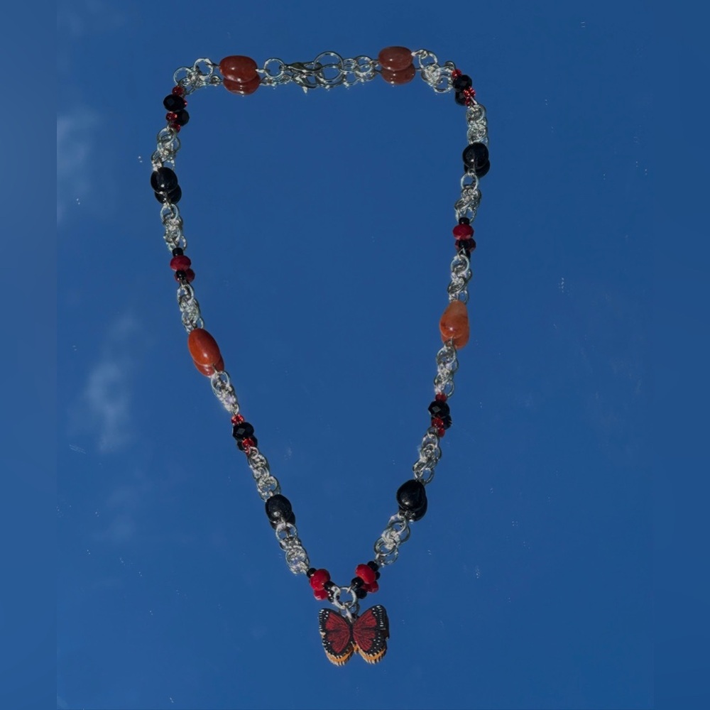 Silver Red Butterfly Beaded Necklace